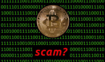 binary numbers on the background, and a bitcoin in front and the word scam? written below