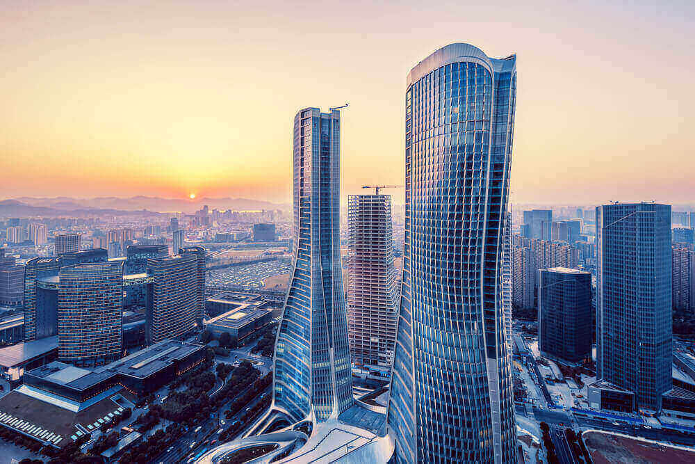 2 tall buildings and other buildings in Hangzhou China