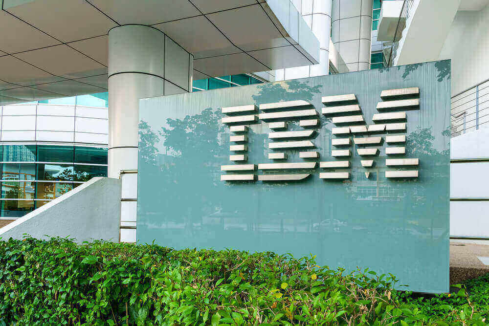 IBM logo attached to a wall with grass on the bottom