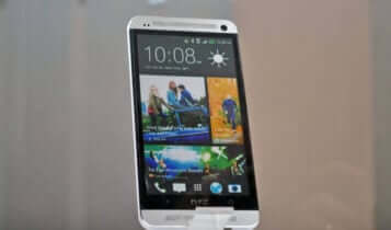 a smartphone from HTC on a display