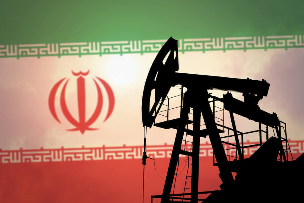 silhouette of an oil pump and the flag of iran as a background