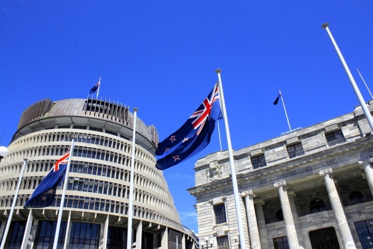 Finance Brokerage-New Zealand Government: Outside shot of the New Zealand parliament with the country’s flag in the foreground 