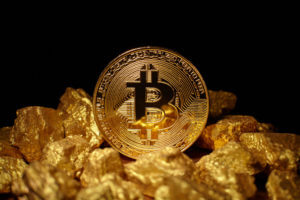 Bitcoin among gold pieces