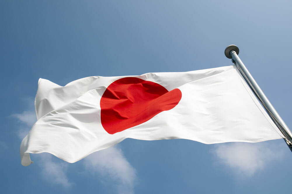 Finance Brokerage – Japan: Japanese flag on the strong wind over blue sky background.