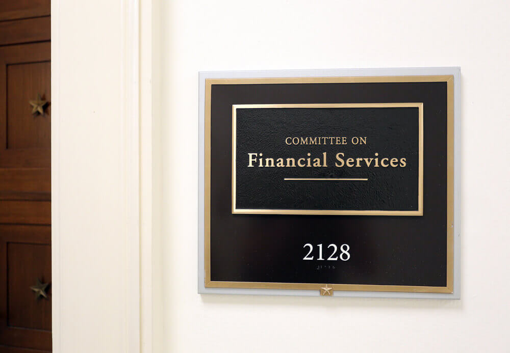 Finance Brokerage – House Committee: A sign at the entrance to a House Financial Services Committee room.