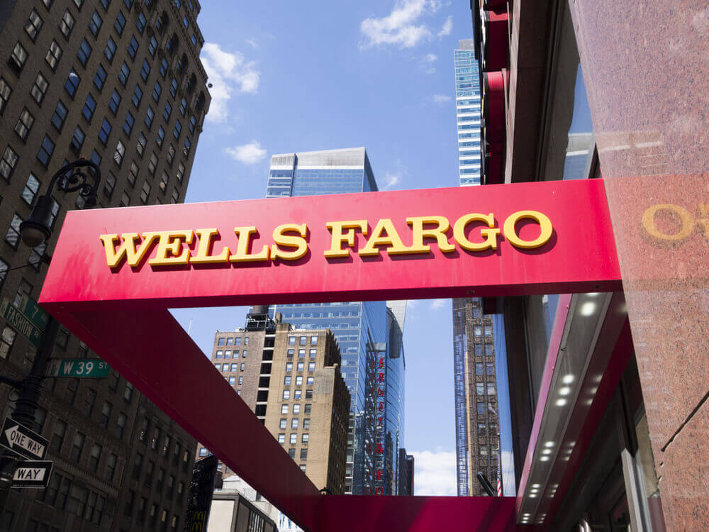 Wells Fargo: Wells Fargo logo in Manhattan buildings in the background.