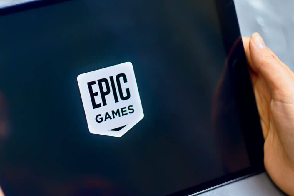 Epic Games: Logo of Epic Games on tablet.