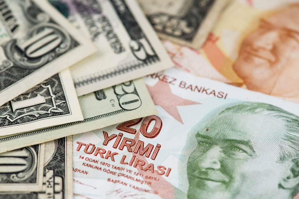 TRY USD: US dollar bill and Turkish lira banknotes close up image.