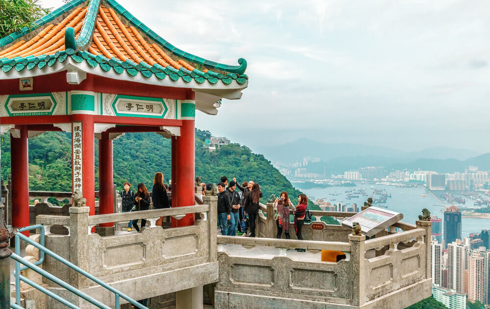 Halloween: Observation deck with Ornate Pagoda on Victoria Peak in Hong Kong.