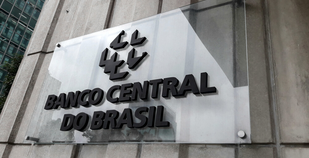 Brazil Central Bank: Closeup of logo of Banco Central do Brasil bank on its facade.
