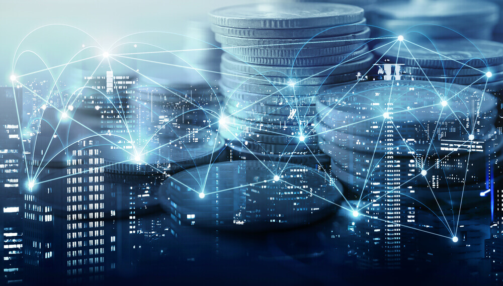 Asian Shares: Double exposure of city , network or connection and rows of coins for finance and business concept.