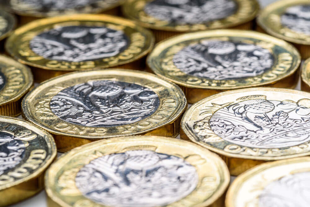 Pound: New UK One Pound Sterling Coins Laying Flat Closeup.