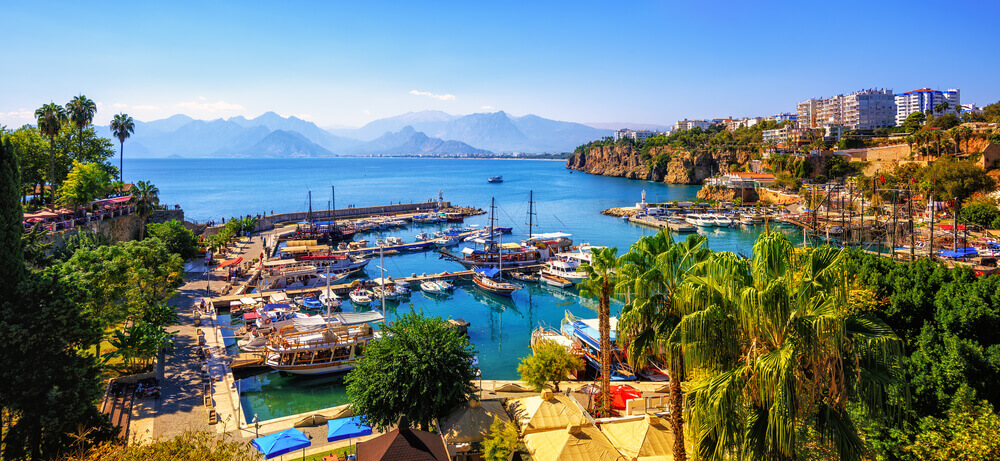 Turkey - : Panoramic view of Antalya Old Town port, Taurus mountains and Mediterrranean Sea, Turkey