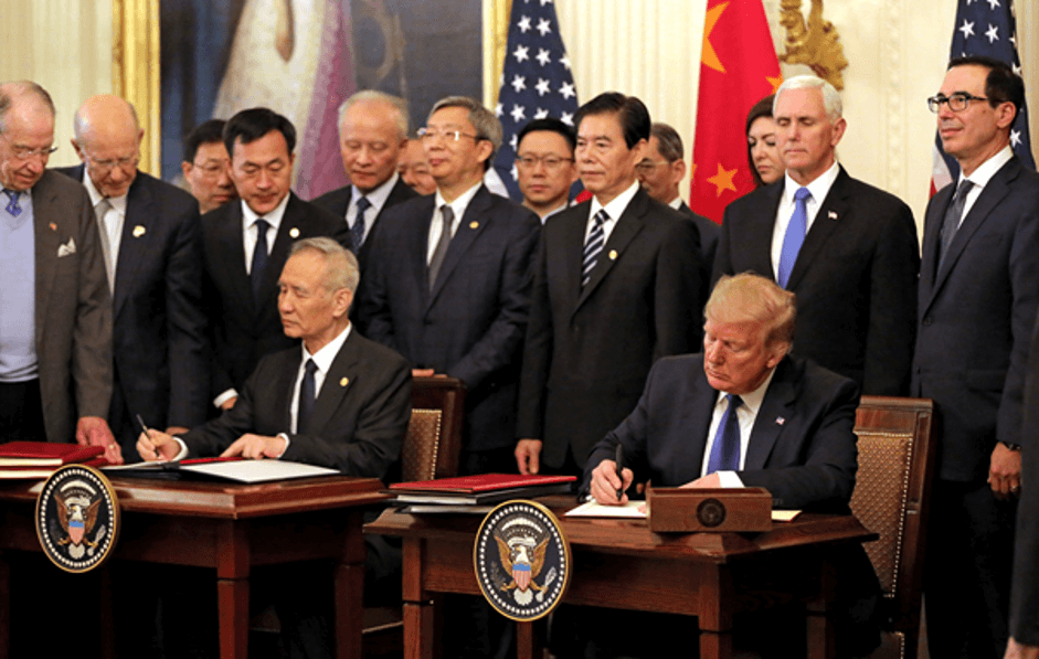 Chinese Vice Premier Liu He (Left) and United States President Donald Trump (Right) sign phase 1 of the trade agreement on Wednesday.