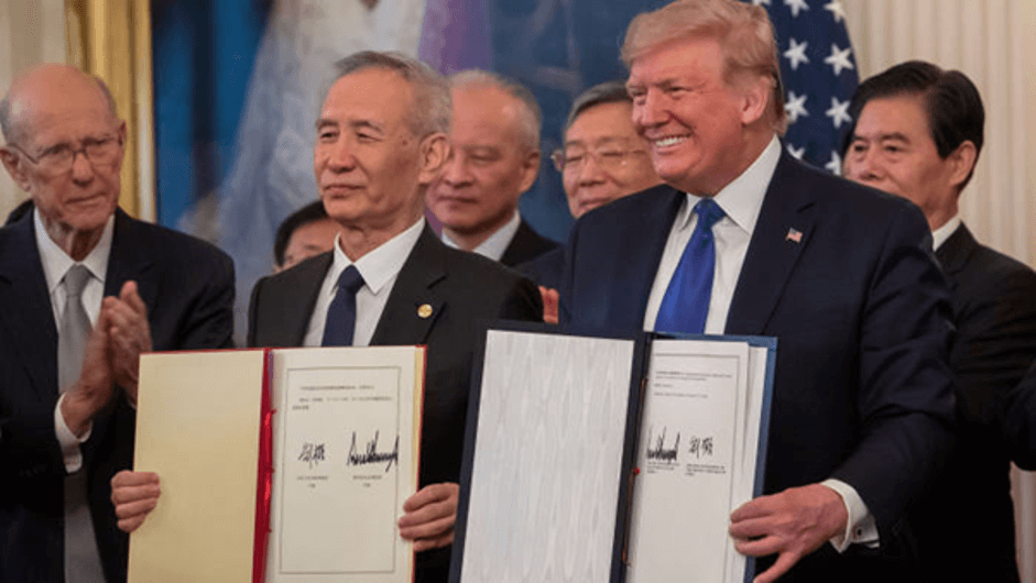President Trump (Right) and Chinese Vice Premier Liu Hi (Left) after signing phase one of U.S-China trade deal