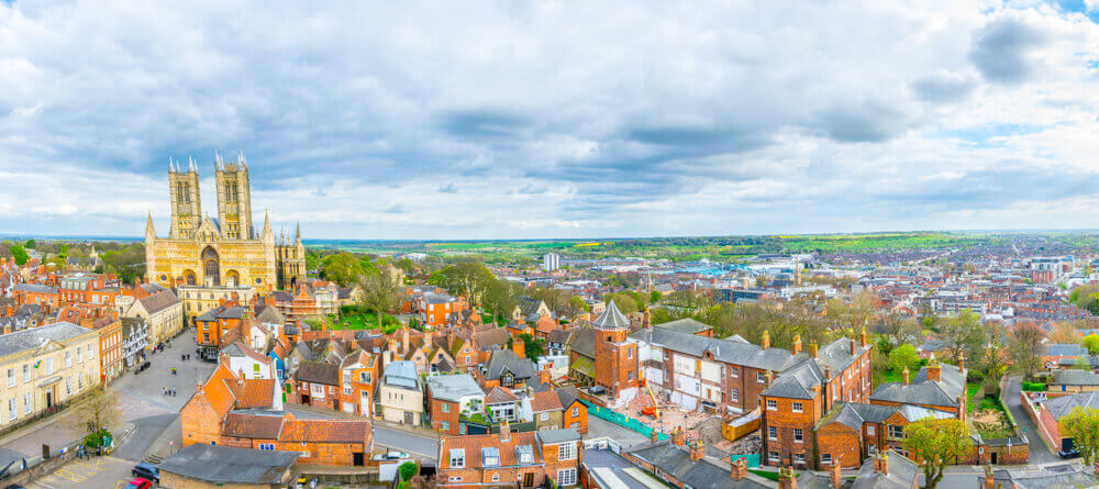 Aerial view of the lincoln cathedral, England.