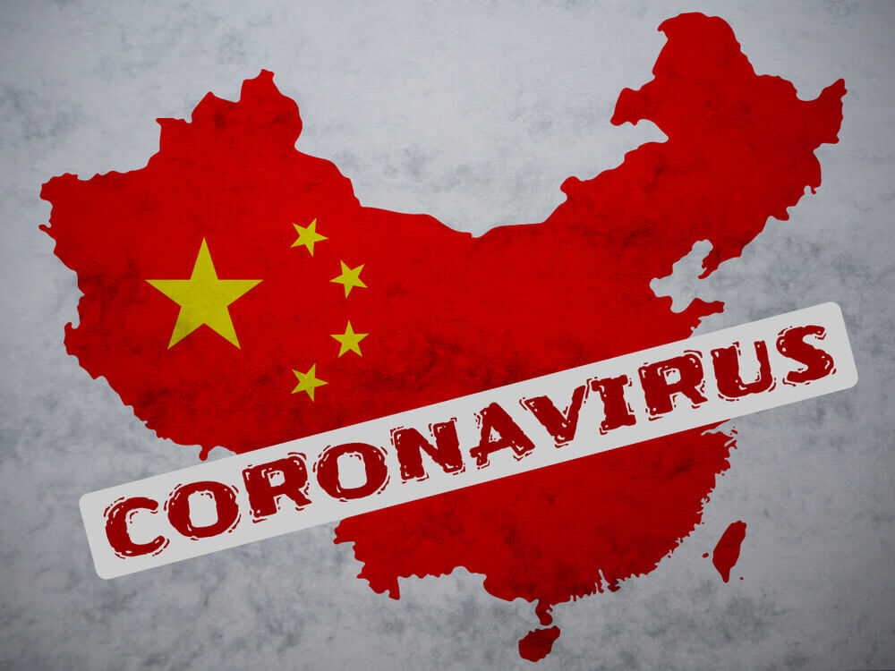 People's Republic of China map country silhouette with a stamp: Coronavirus 