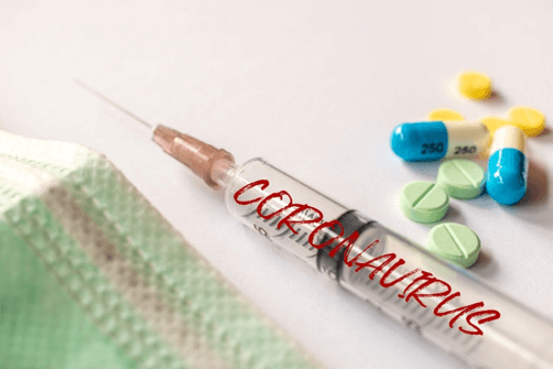 syringe with coronavirus label and pills – Finance Brokerage