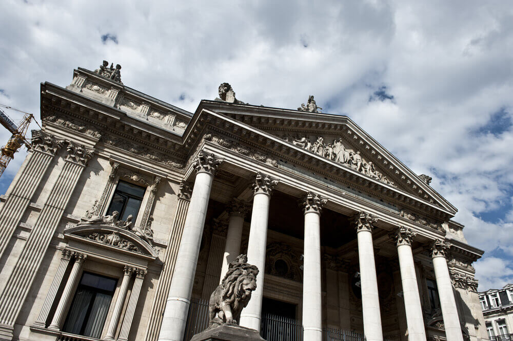 A slanted image of the La Bourse Brussels Stock Exchange.