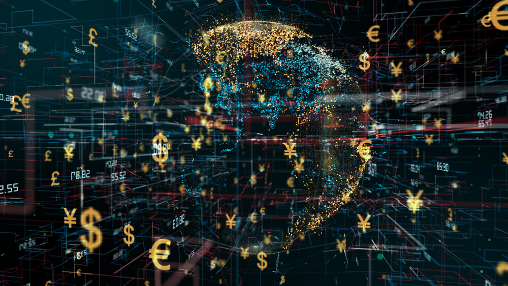 Global forex financial money market exchange with dollar, pound, euro and yen 3D illustration.