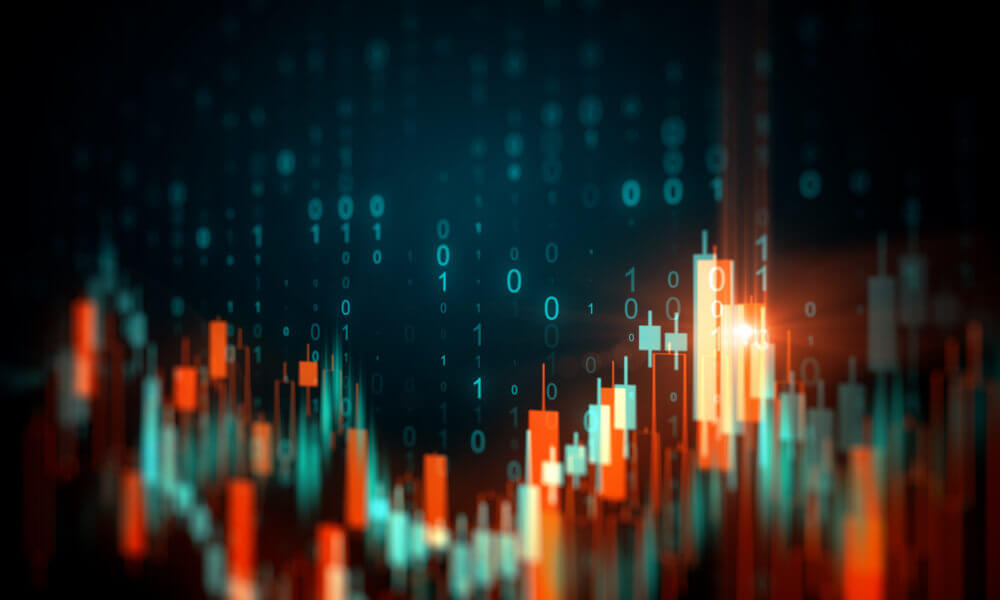 Creative glowing blurry forex chart background with binary code.