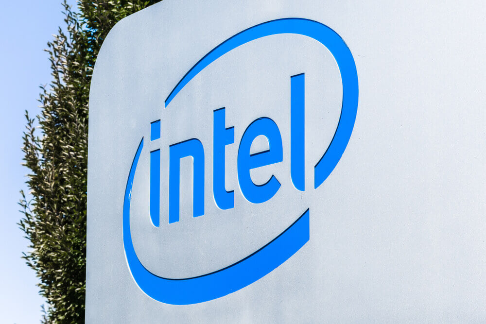 Close up of Intel sign.