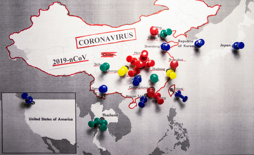 Map with marked buttons of different colors of cities with coronavirus infection.
