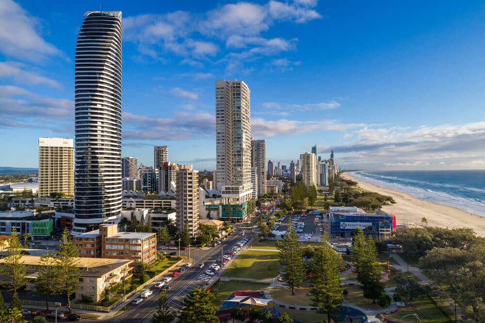 Aerial Images looking North from above Pratten Park over Broadbeach on the Gold Coast, Australia