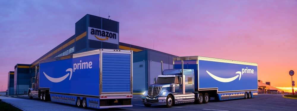 Truck with a semi-trailer with the Amazon Prime logo at the Amazon logistics center.