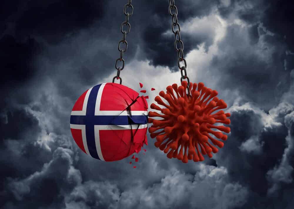 Virus microbe smashing into Norway flag ball.