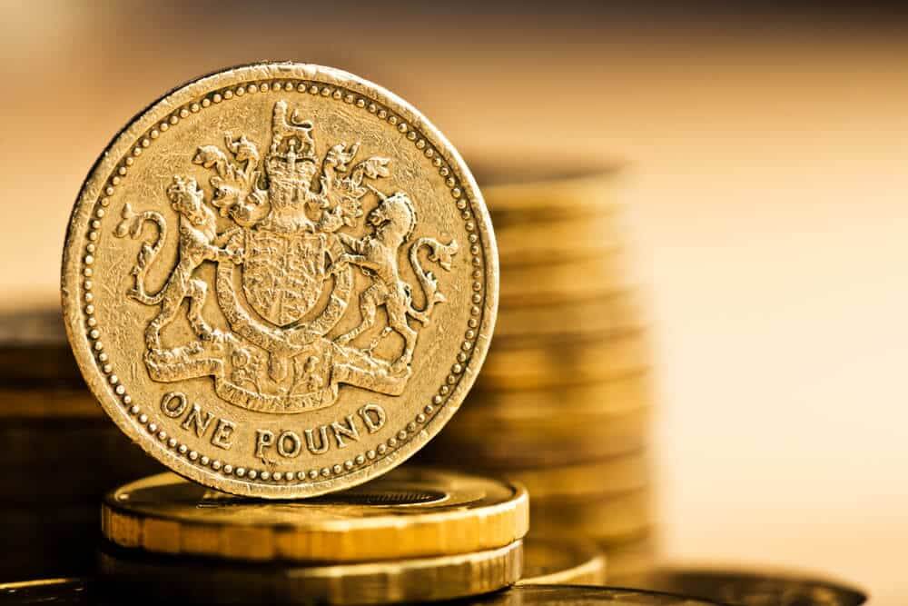 pound GBP coin and gold money on the desk.