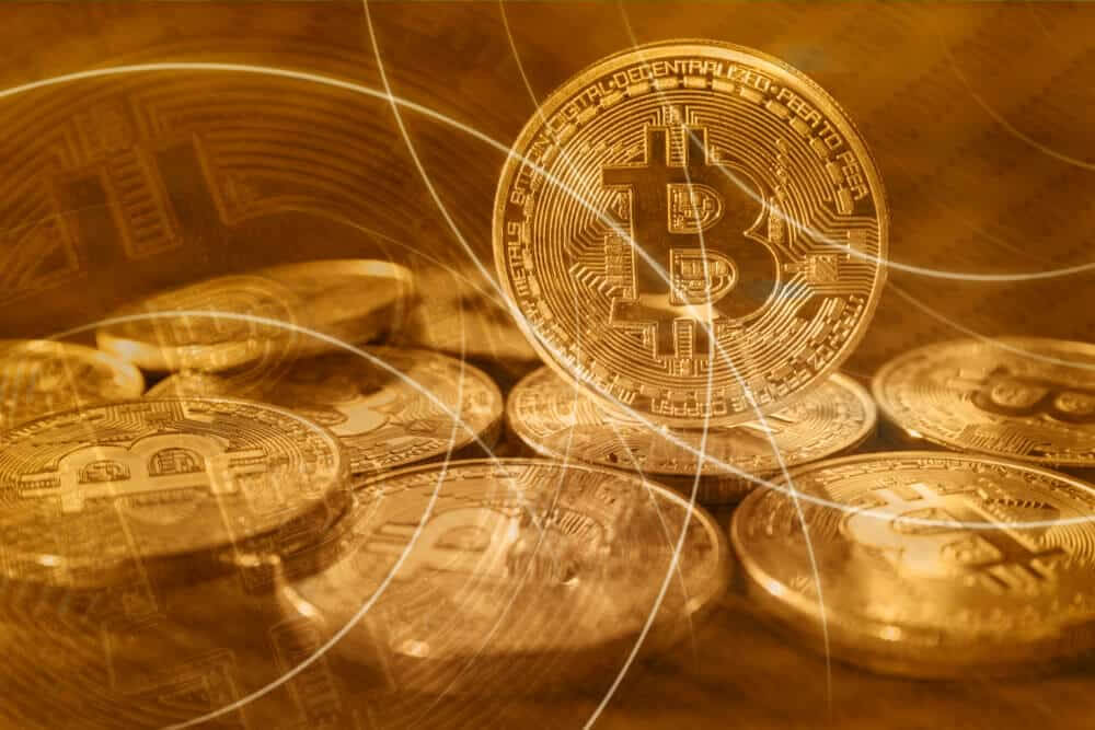 Golden Bitcoin Crypto currency Blockchain Background.