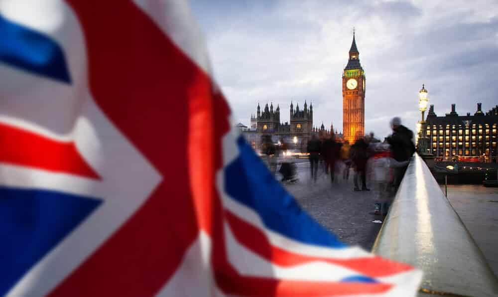 British union jack flag and Big Ben Clock Tower and Parliament house at city of westminster in the background.