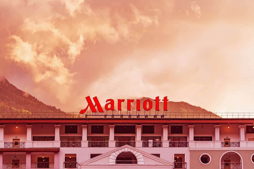 View of the facade of Marriott Hotel in the mountain valley.