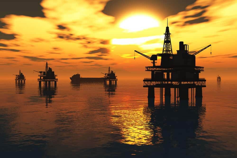 Sea Oil Platform and Tanker in the Sunset.