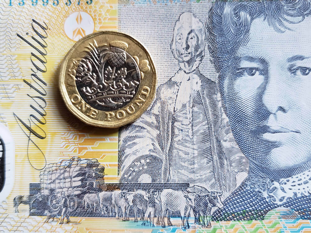 Close up of australian banknote of ten dollars and coin of one sterling pound.