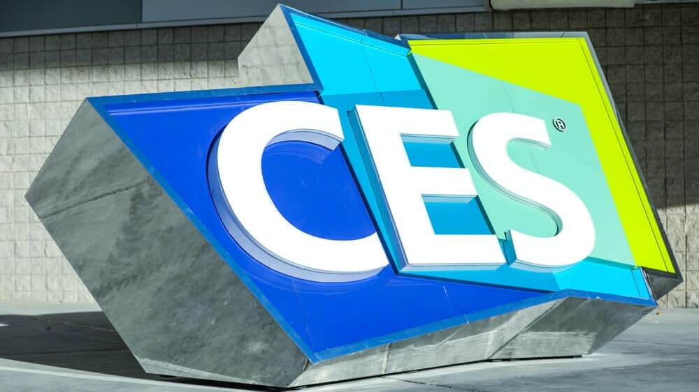 Large CES (Consumer Electronics Show) logo at the entrance of the building.