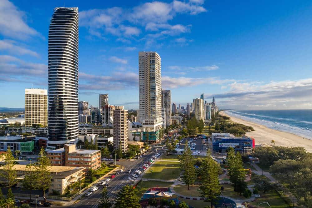 Aerial Images looking North from above Pratten Park over Broadbeach on the Gold Coast, Australia.