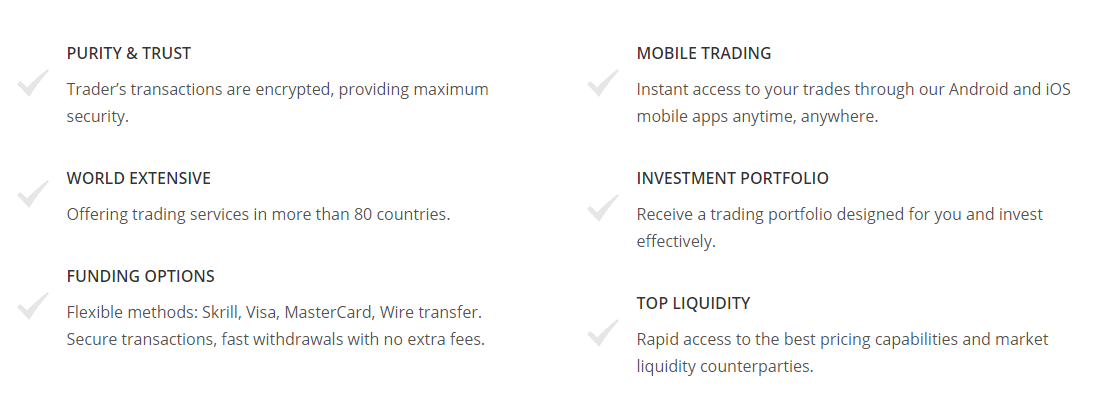 Purity and trust, Mobile trading, World extensive, investment portfolio, funding options, top liquidity