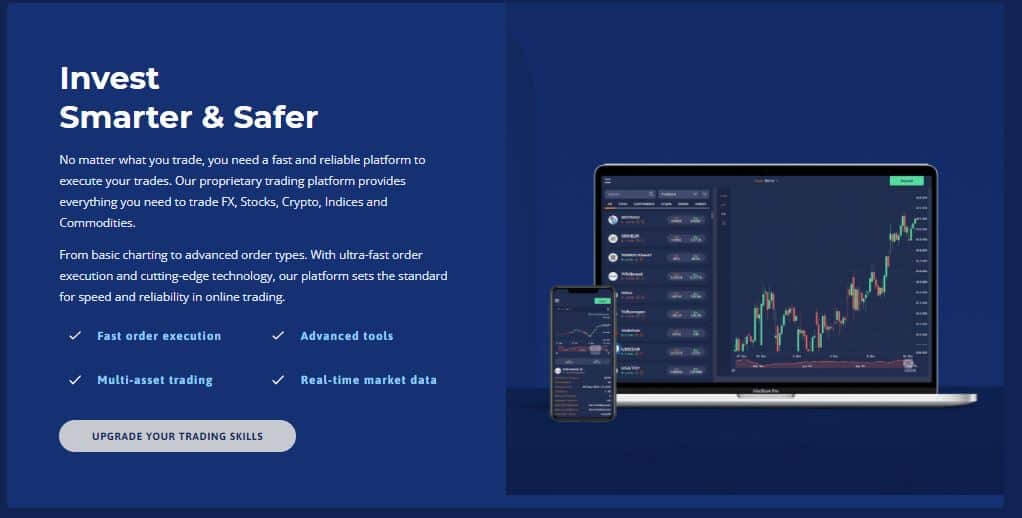 Invest Smarter & Safer No matter what you trade, you need a fast and reliable platform to execute your trades. Our proprietary trading platform provides everything you need to trade FX, Stocks, Crypto, Indices and Commodities. From basic charting to advanced order types. With ultra-fast order execution and cutting-edge technology, our platform sets the standard for speed and reliability in online trading.