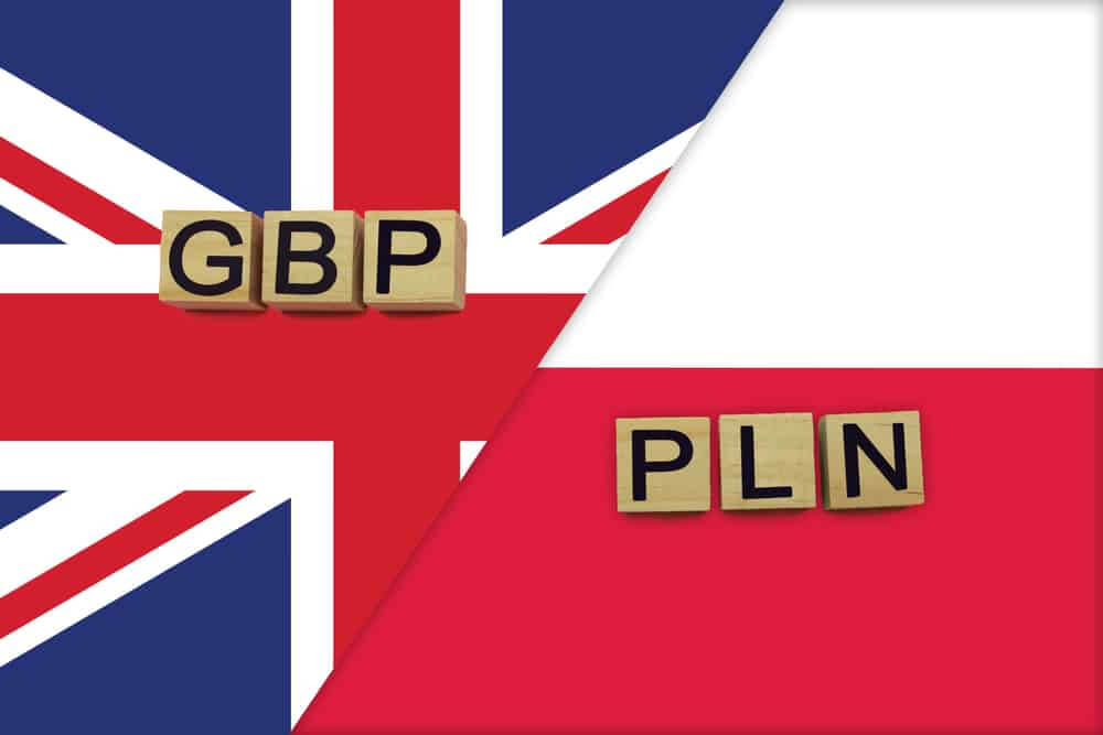 gbppln trading tips: United Kingdom and Poland currencies codes on national flags background. International money transfer concept