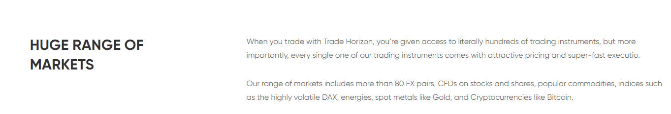 Trading Products at Trade Horizon: huge range of markets