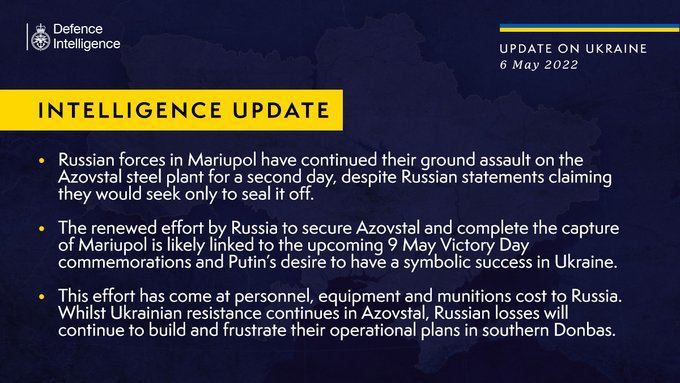 UK Defence Intelegence Update on clashas arround Azovstal plant.