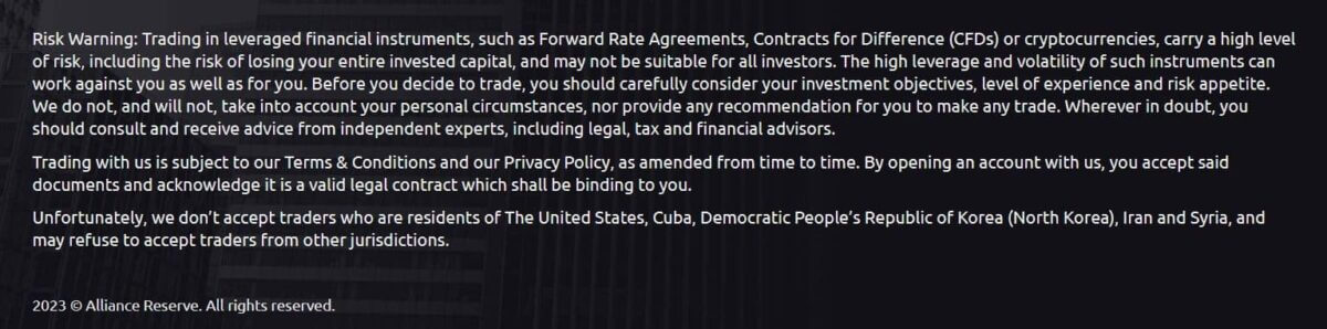 Legal disclaimer text on a dark background stating the risk warning for trading in leveraged financial instruments and the non-acceptance of traders from specific countries, with a copyright notice for Alliance Reserve, 2023.