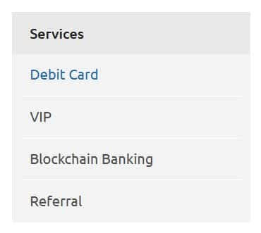 Alliance Reserve Additional Services list labeled 'Services' on a light background, including options for 'Debit Card', 'VIP', 'Blockchain Banking', and 'Referral".