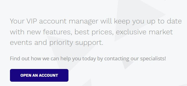 Promotional message highlighting the benefits of a VIP account, including updates on new features, best prices, exclusive market events, and priority support with a call-to-action to open an account.