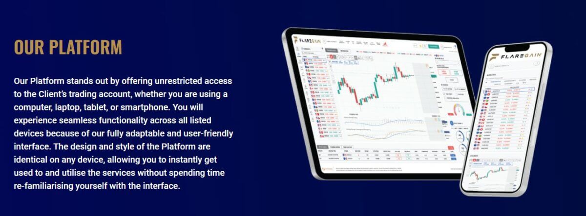 Flaregain’s Platform: Promotional banner for 'OUR PLATFORM' featuring an image of a tablet and a smartphone displaying the Flaregain trading interface with graphs and market data, emphasizing seamless functionality across devices.