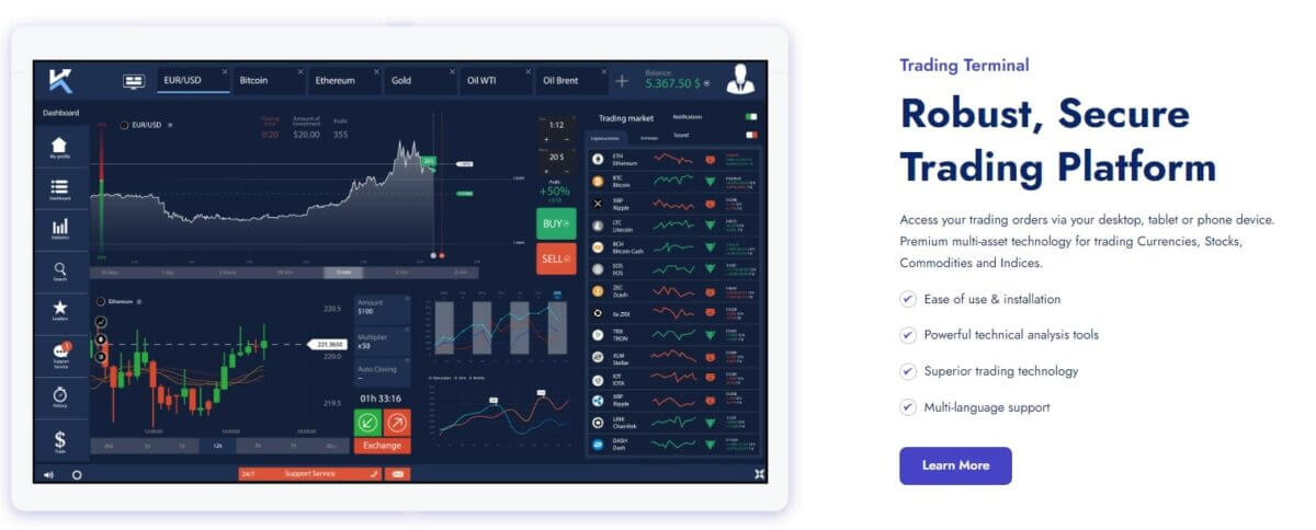 Screenshots of robust and secure trading terminal interface, showcasing ease of use, advanced technical analysis tools, and multi-asset technology for trading in currencies, stocks, commodities, and indices.