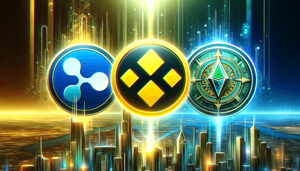 A cover image for a cryptocurrency article, featuring symbols of Binance (the Binance logo), Ripple (XRP logo), and Solana (SOL logo). The background