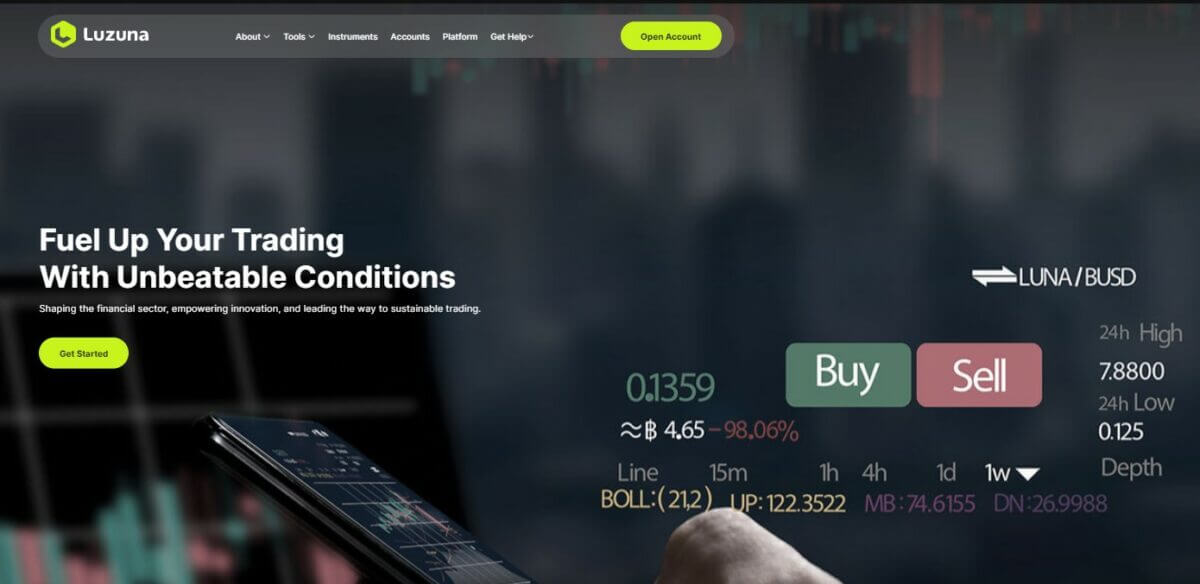 Homepage of Luzuna trading platform highlighting 'Fuel Up Your Trading With Unbeatable Conditions' slogan, showcasing a mobile trading interface with LUNA/BUSD cryptocurrency pair, buy and sell options, and dynamic price chart.